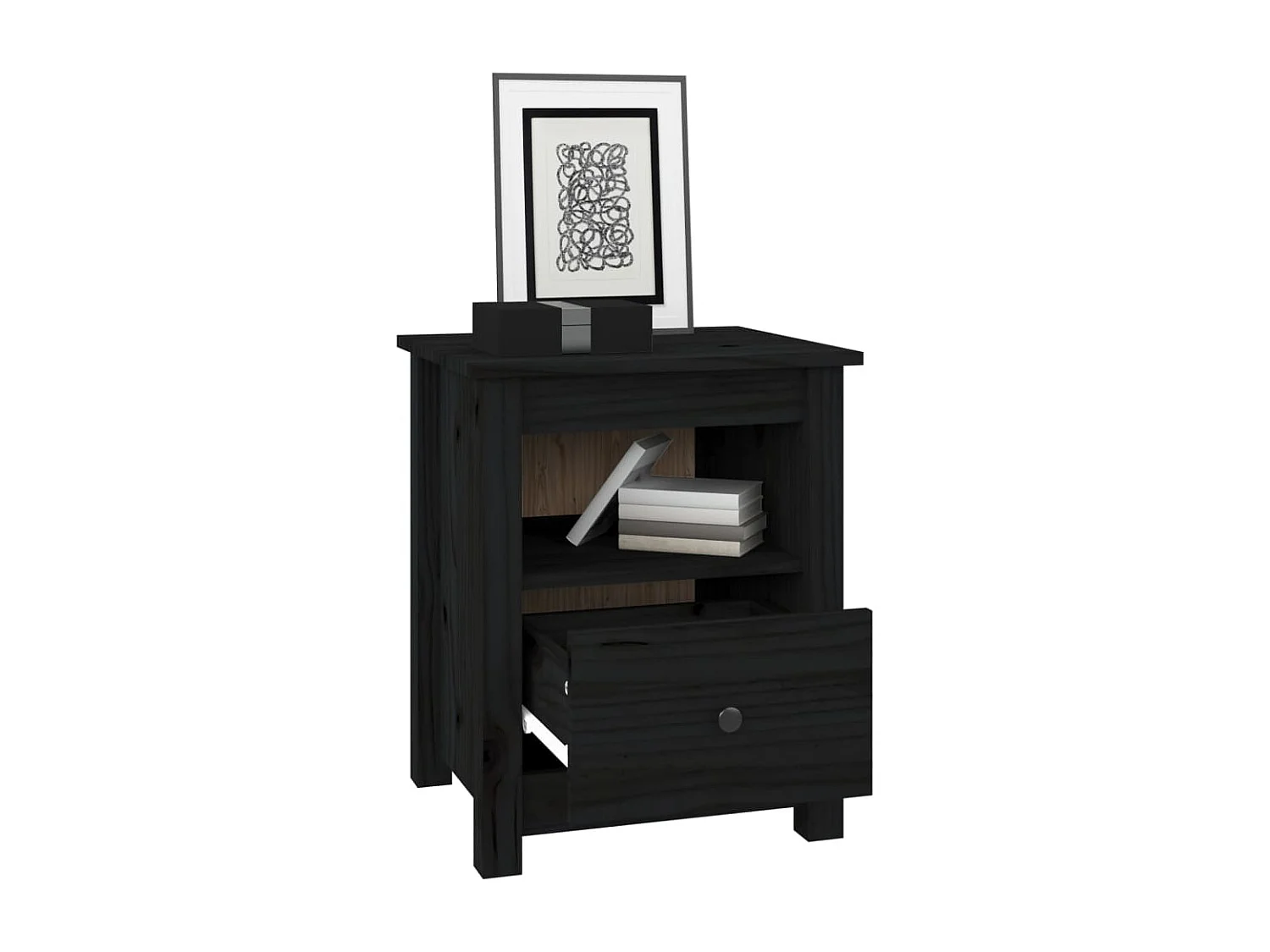 Mesita de noche madera maciza de pino negra 40x35x49 cm