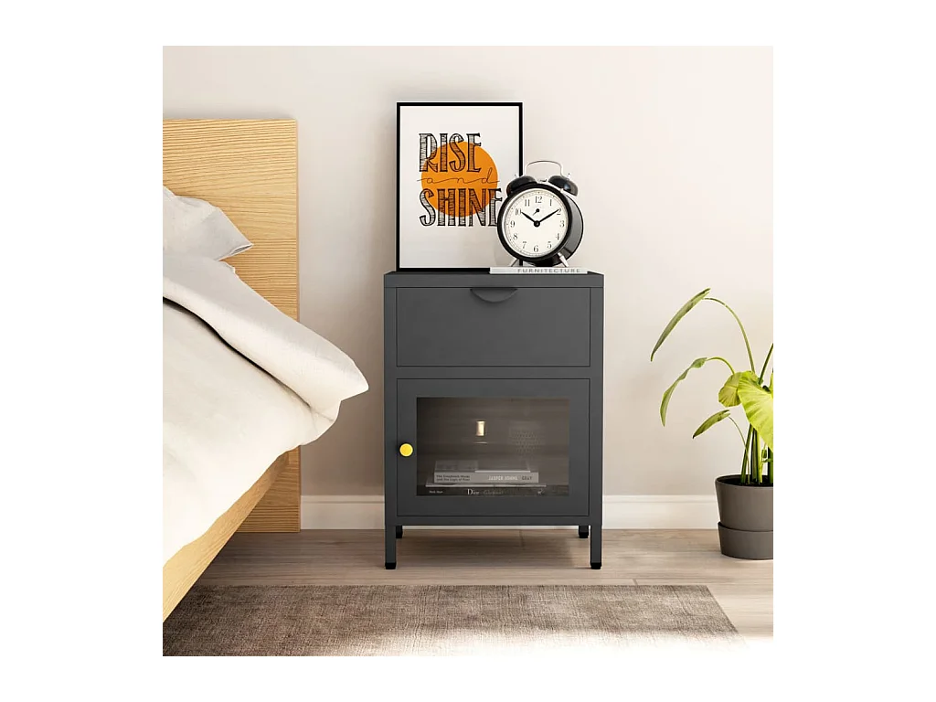 Table de chevet Anthracite 40x30x54,5 cm Acier et verre