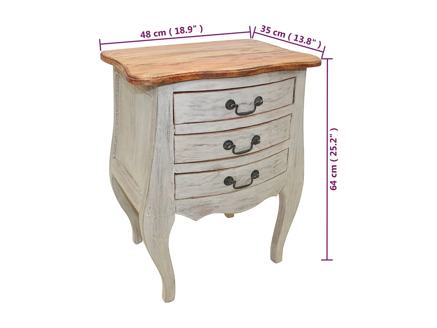 Mesita de noche de madera maciza reciclada 48x35x64 cm