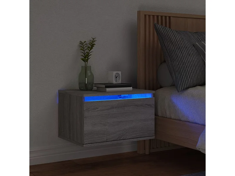 Mesita de noche de pared con luces LED gris Sonoma