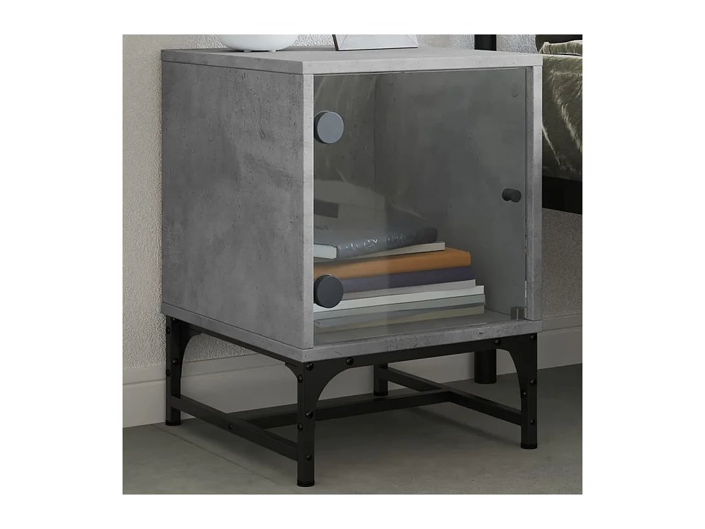Table de chevet avec porte en verre gris béton 35x37x50 cm