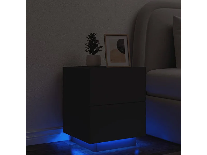 Mesita de noche con luces LED madera de ingeniería negra