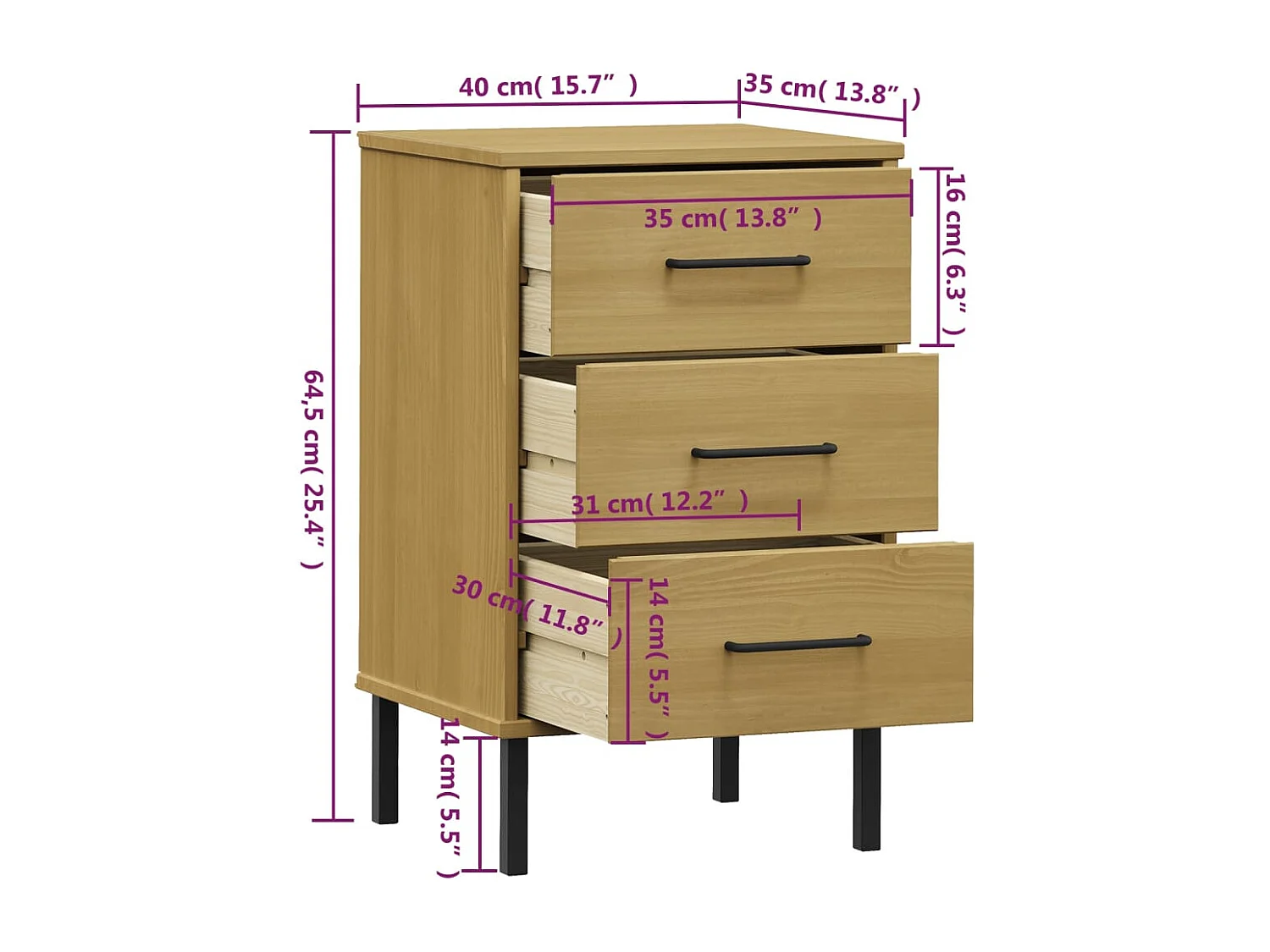 Mesita de noche patas de metal madera maciza pino marrón OSLO