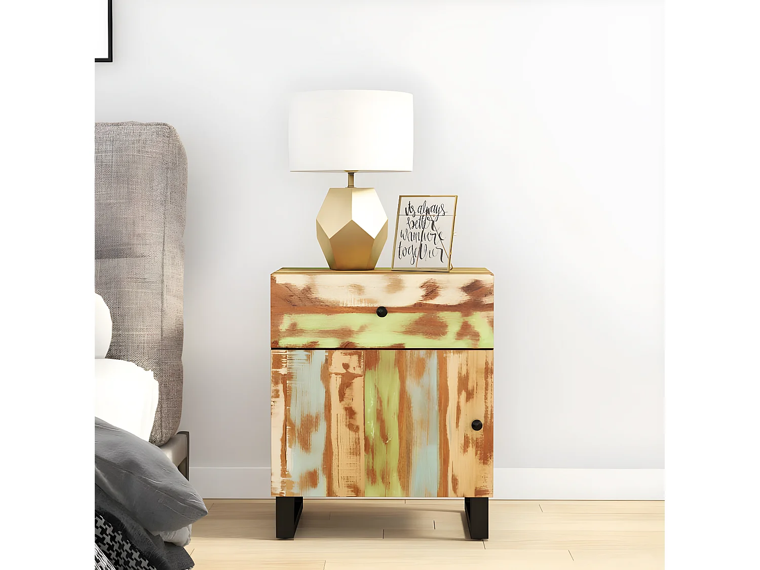 Mesita de noche madera reciclada y contrachapada 50x33x60 cm