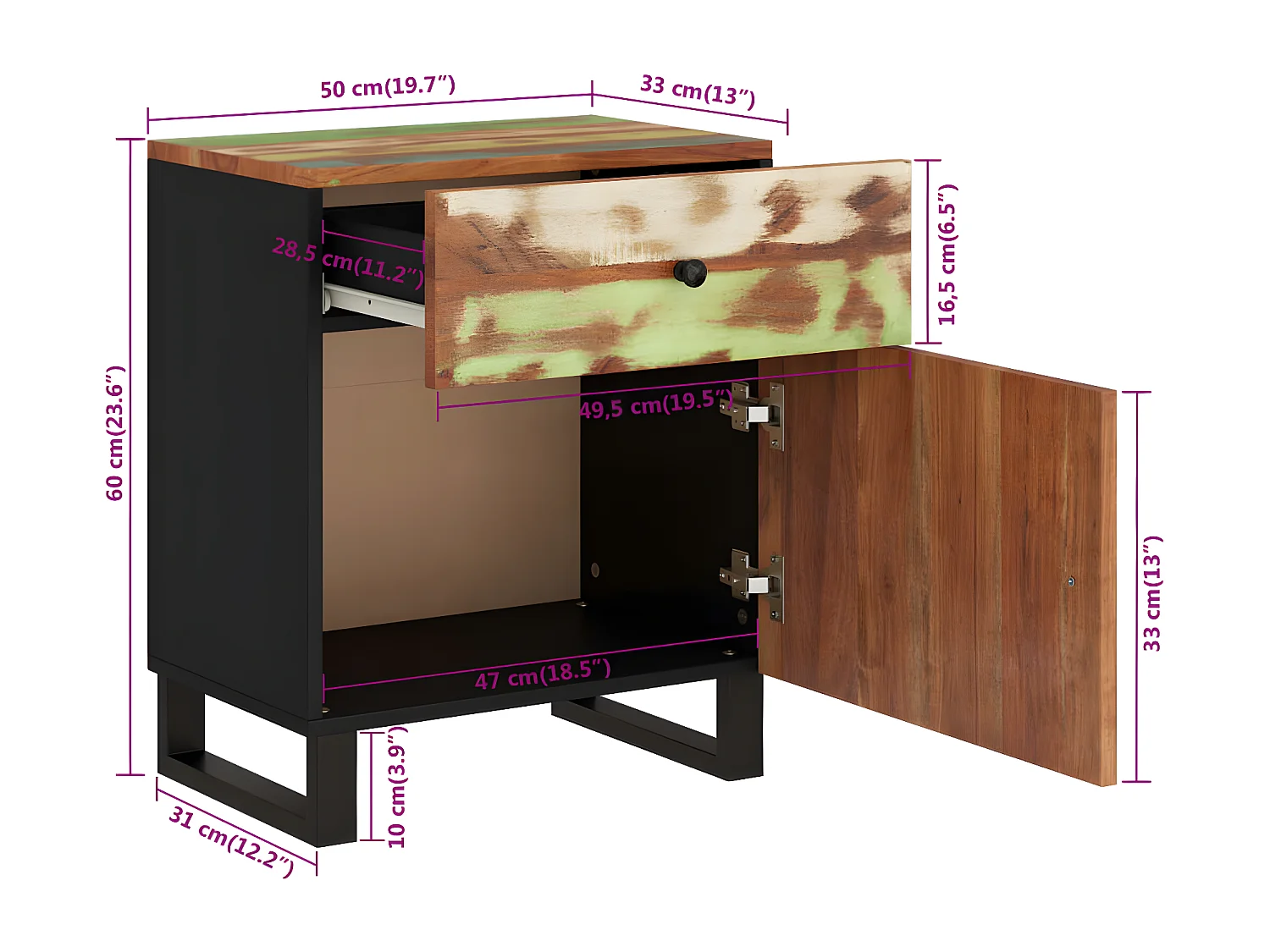 Mesita de noche madera reciclada y contrachapada 50x33x60 cm