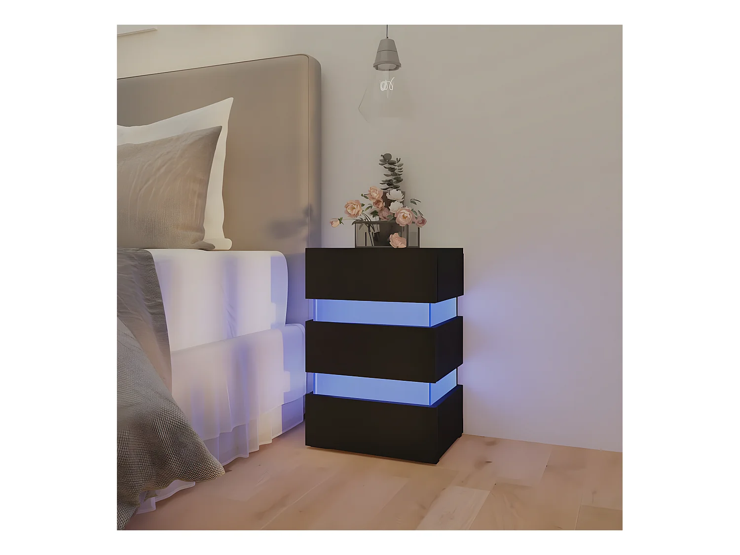 Mesa de cabeceira c/ luzes LED derivados de madeira preto
