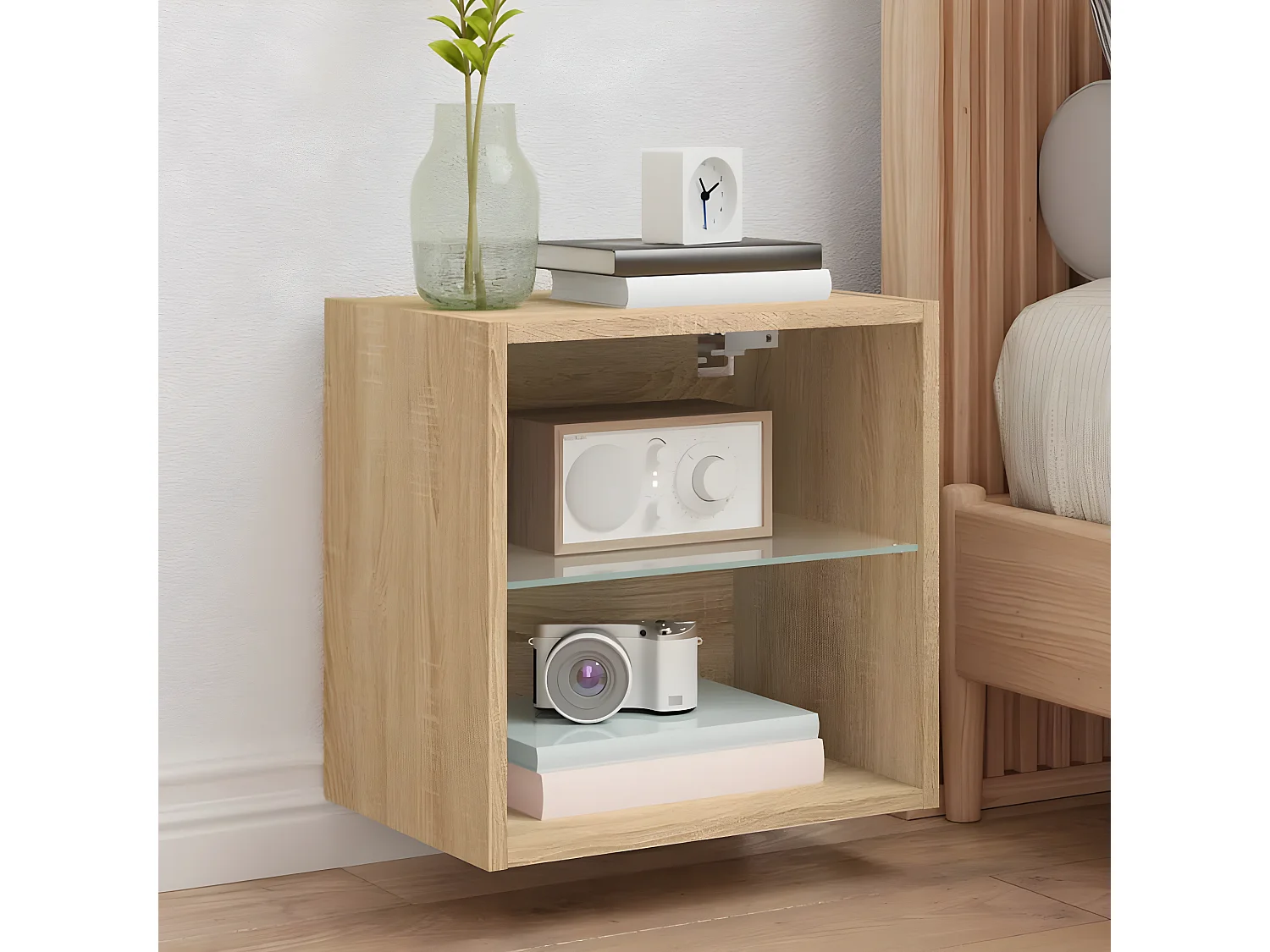 Table de chevet murale avec lumières LED chêne sonoma
