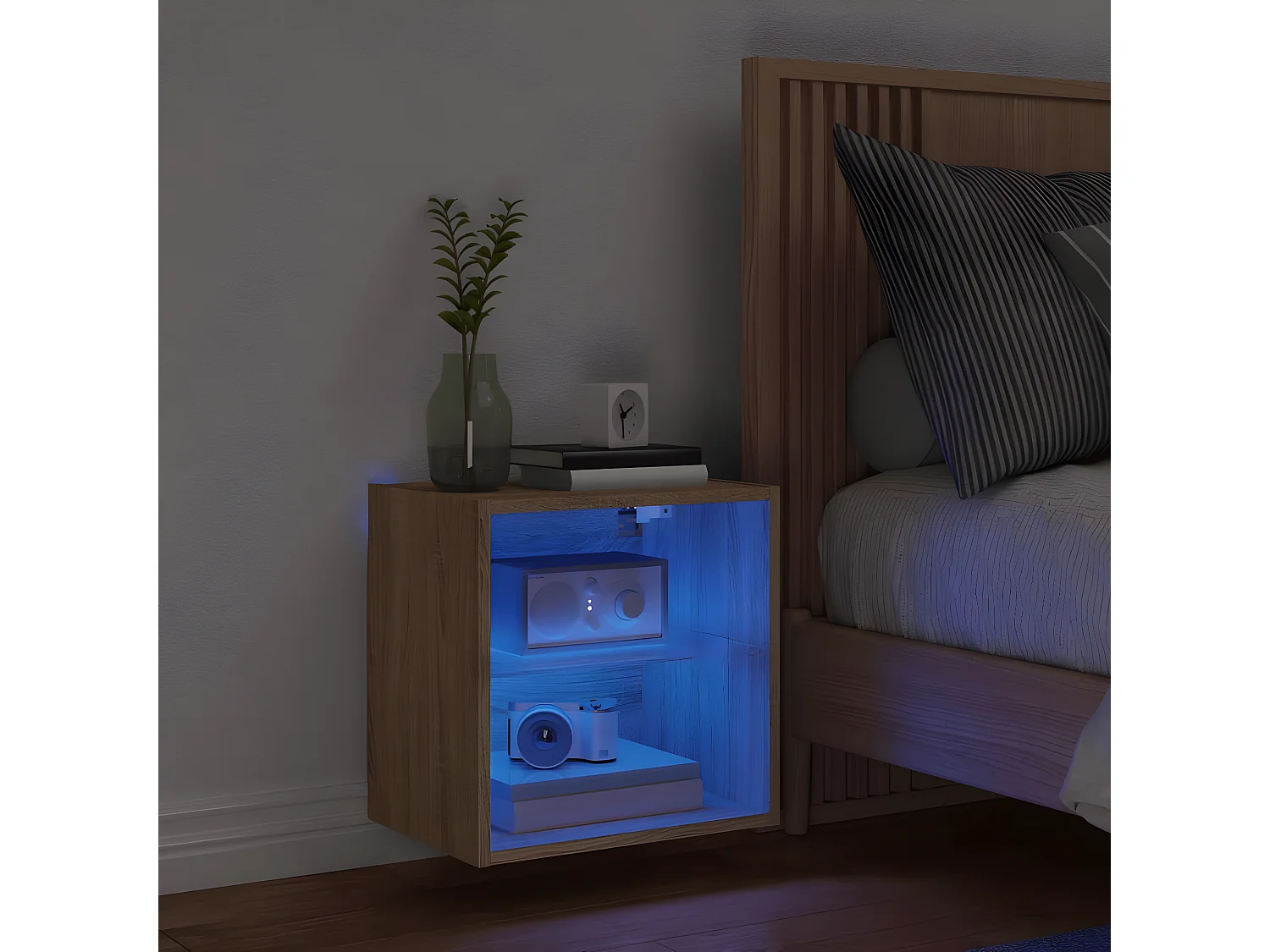 Table de chevet murale avec lumières LED chêne sonoma