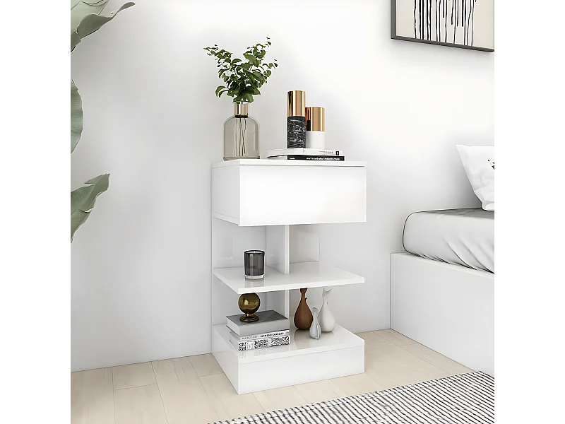 Mesita de noche madera contrachapada blanco brillo 40x35x65 cm