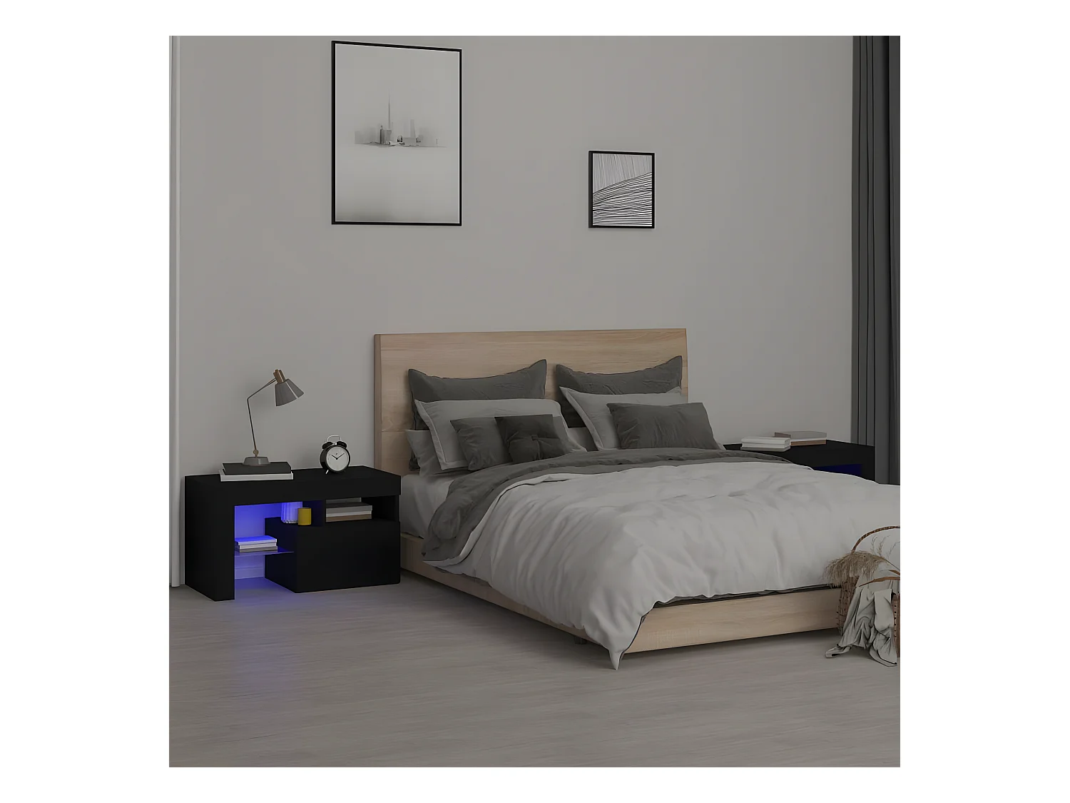 Tables de chevet 2 pièces et lumières LED Noir 70x36,5x40 cm