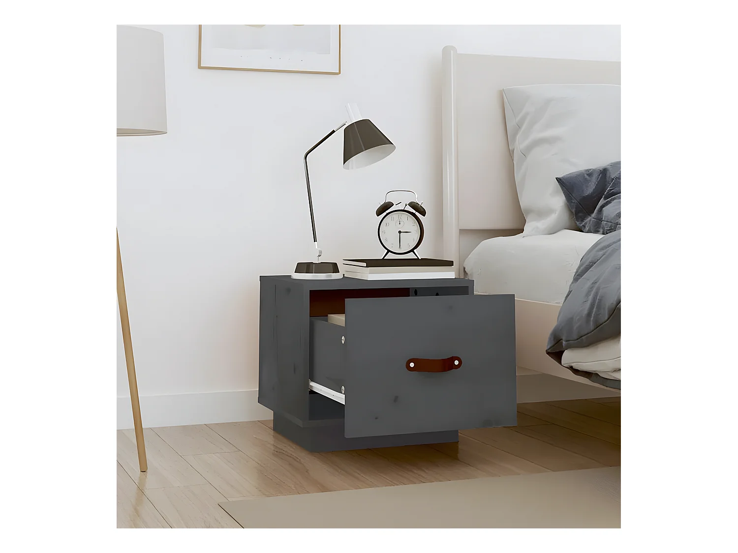 Mesita de noche madera maciza de pino gris 40x34x35 cm