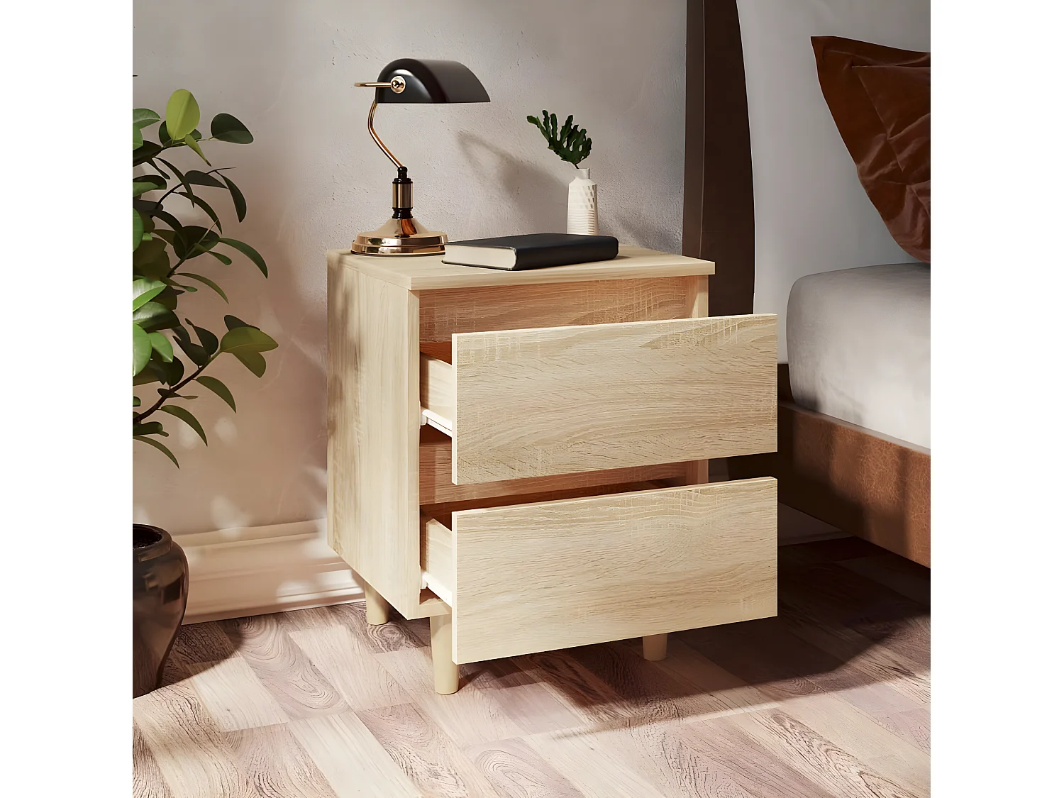 Mesa de cabeceira c/ pernas de pinho 40x35x50cm carvalho sonoma