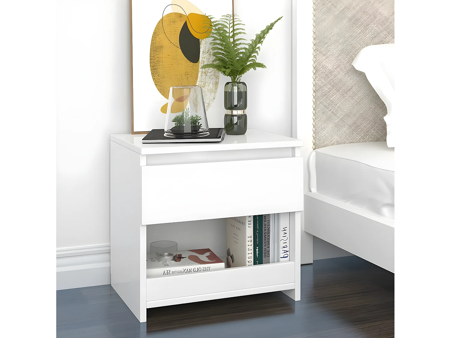 Table de chevet blanc brillant 40x30x39 cm bois d’ingénierie