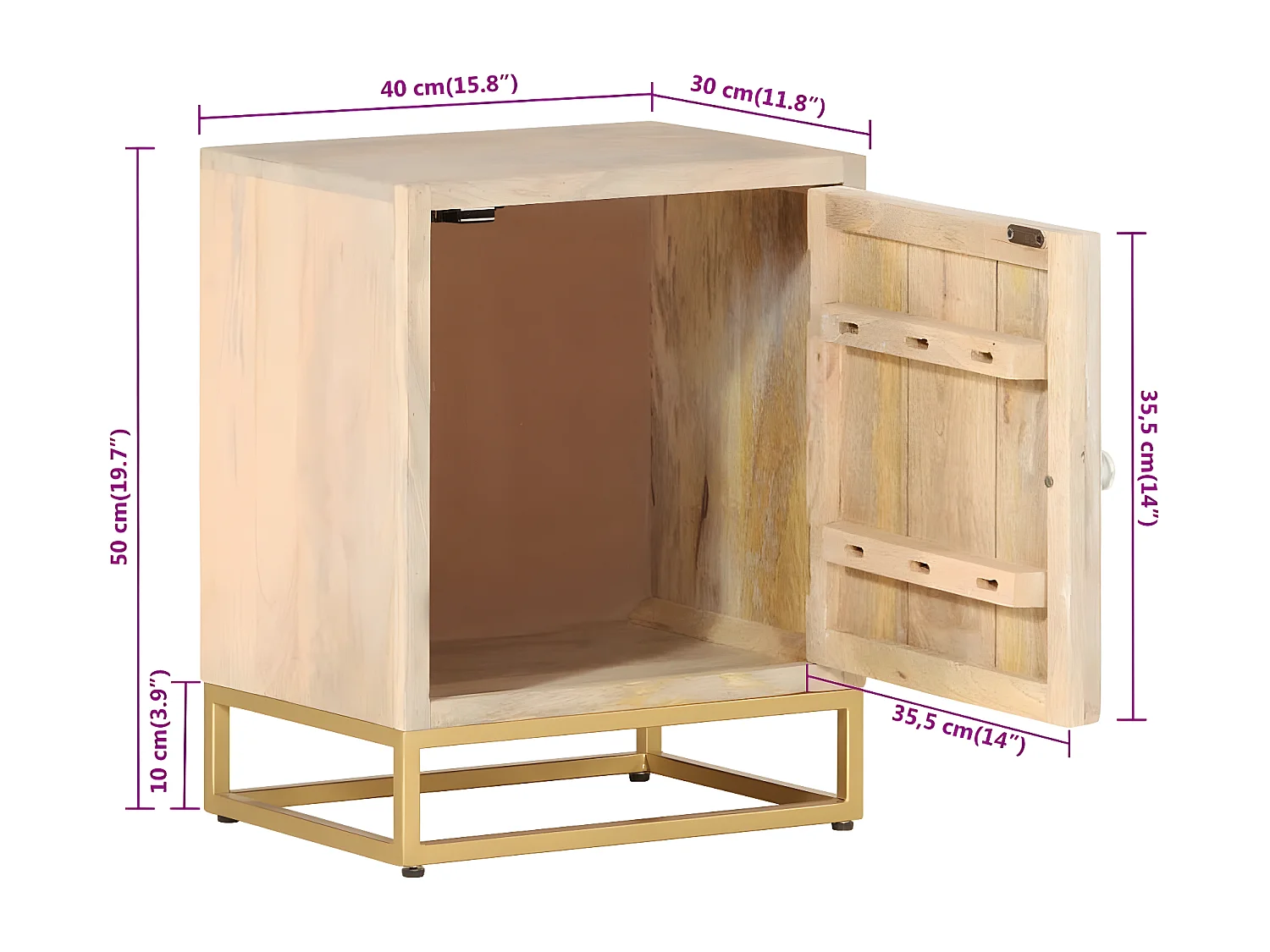 Table de chevet 40x30x50 cm bois massif manguier et fer