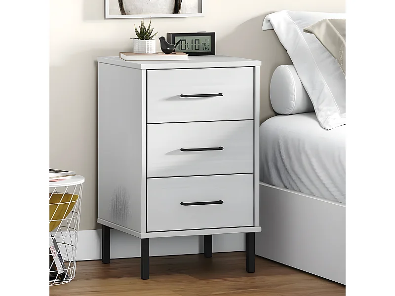 Table de chevet avec pieds en métal Blanc Bois pin massif OSLO