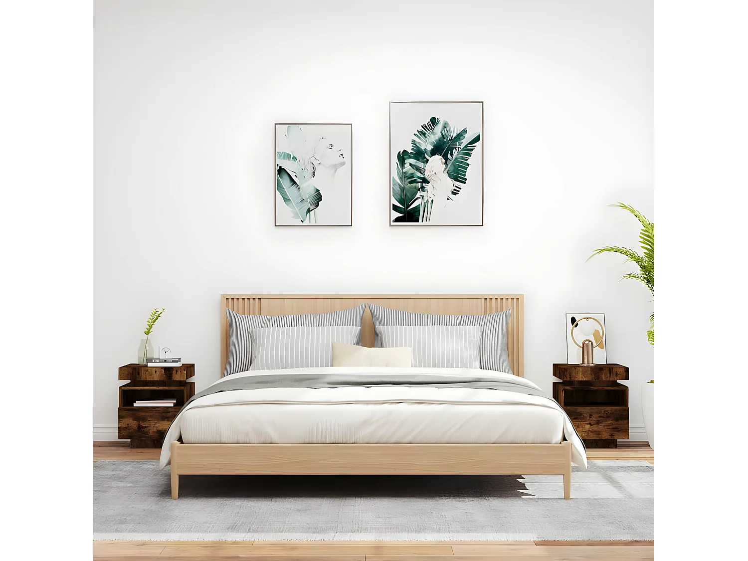 Armoires de chevet avec lumières LED 2 pièces chêne fumé