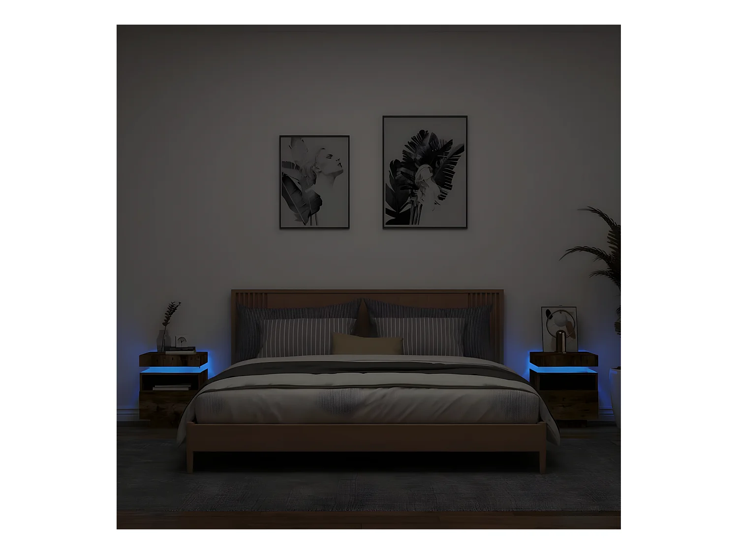 Armoires de chevet avec lumières LED 2 pièces chêne fumé