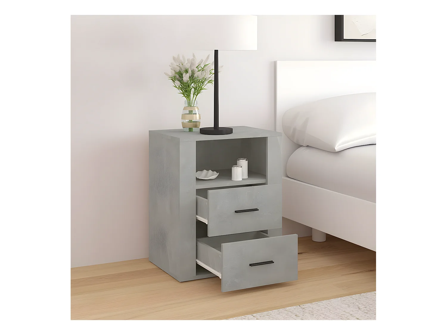 Mesita de noche madera contrachapada gris hormigón 50x36x60 cm