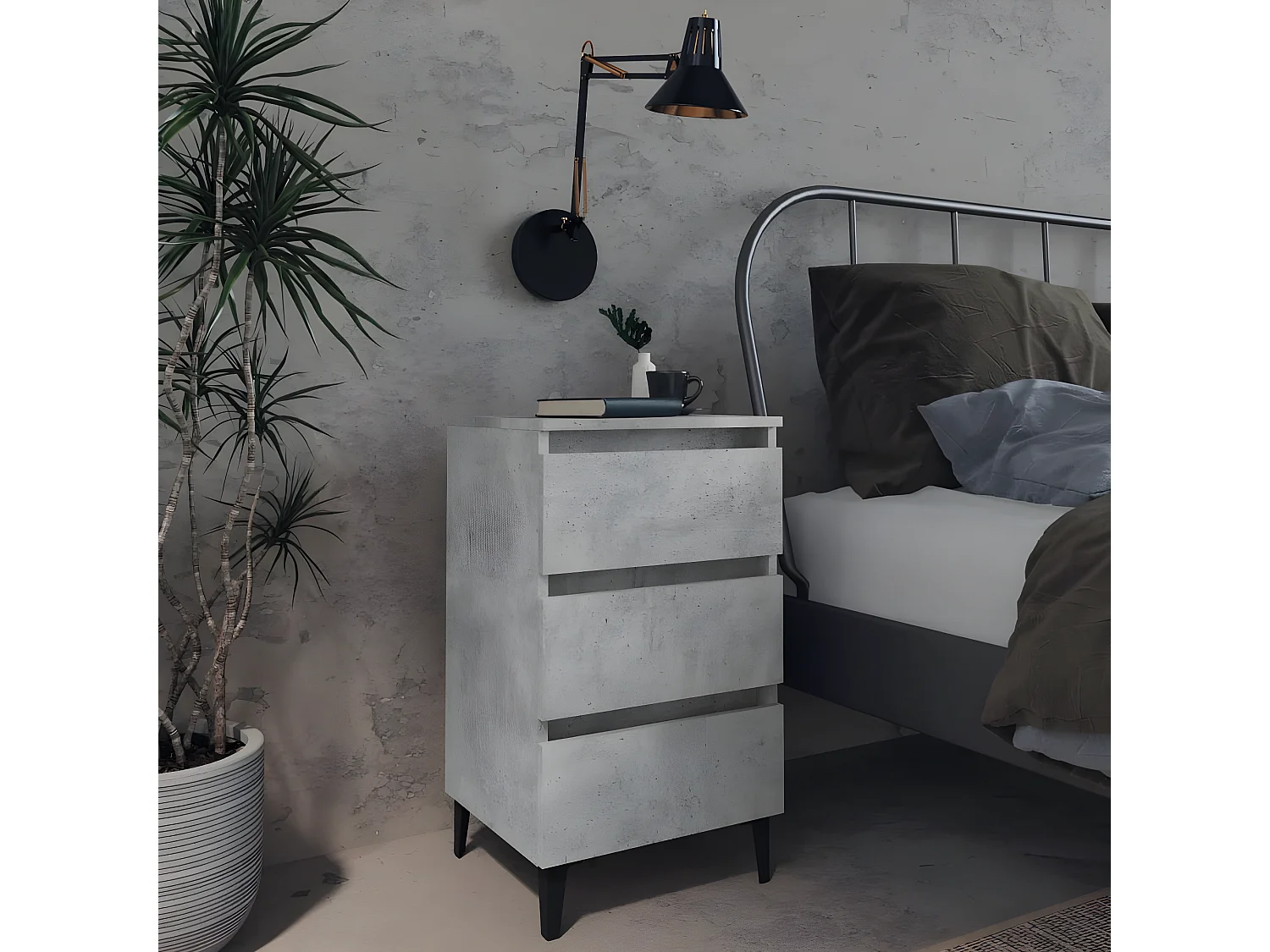Table de chevet avec pieds en métal Gris béton 40x35x69 cm