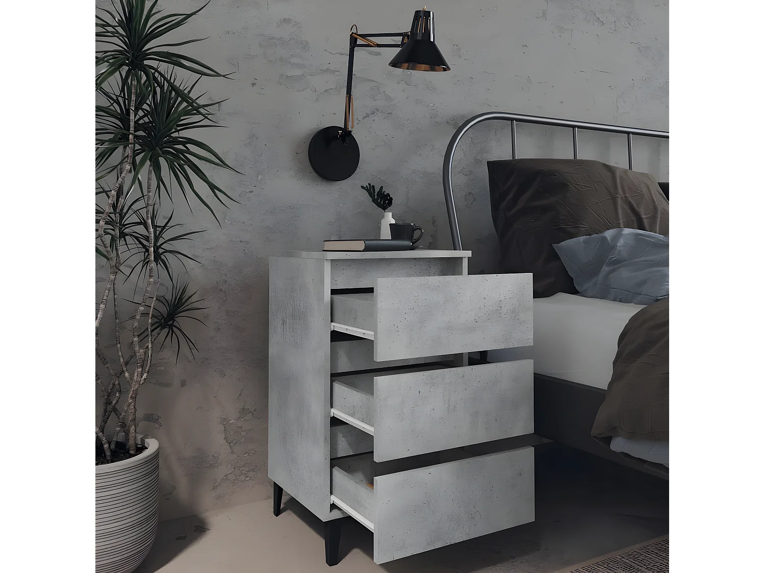 Table de chevet avec pieds en métal Gris béton 40x35x69 cm