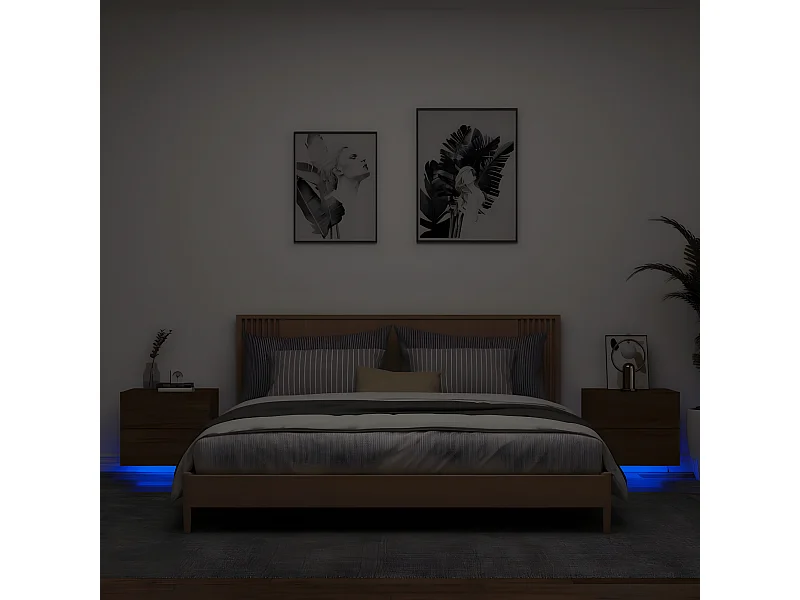 Tables de chevet murales avec lumières LED 2 pièces chêne marron