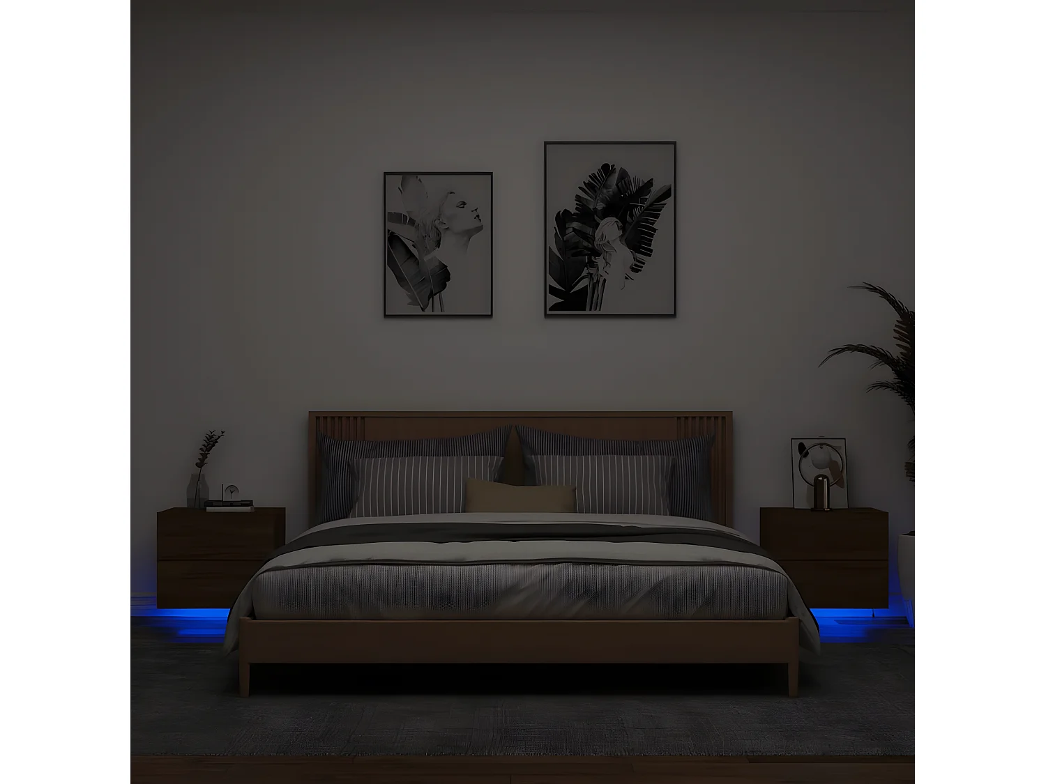 Tables de chevet murales avec lumières LED 2 pièces chêne marron