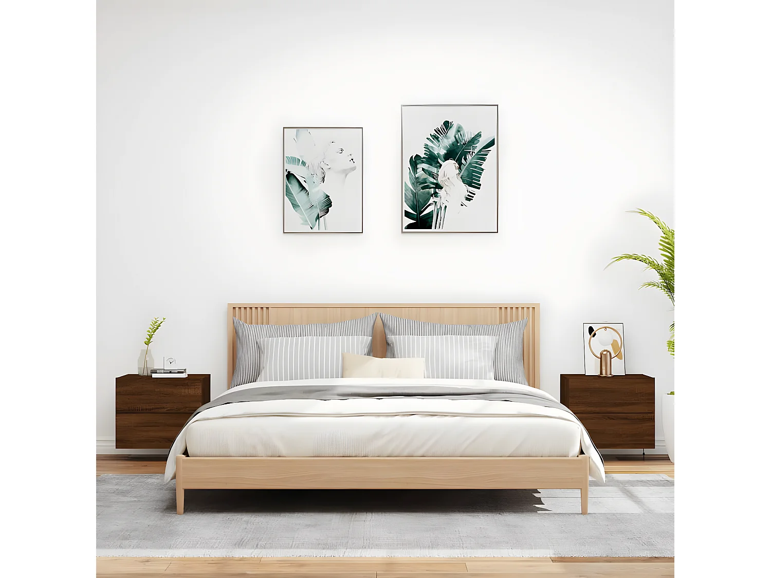 Tables de chevet murales avec lumières LED 2 pièces chêne marron