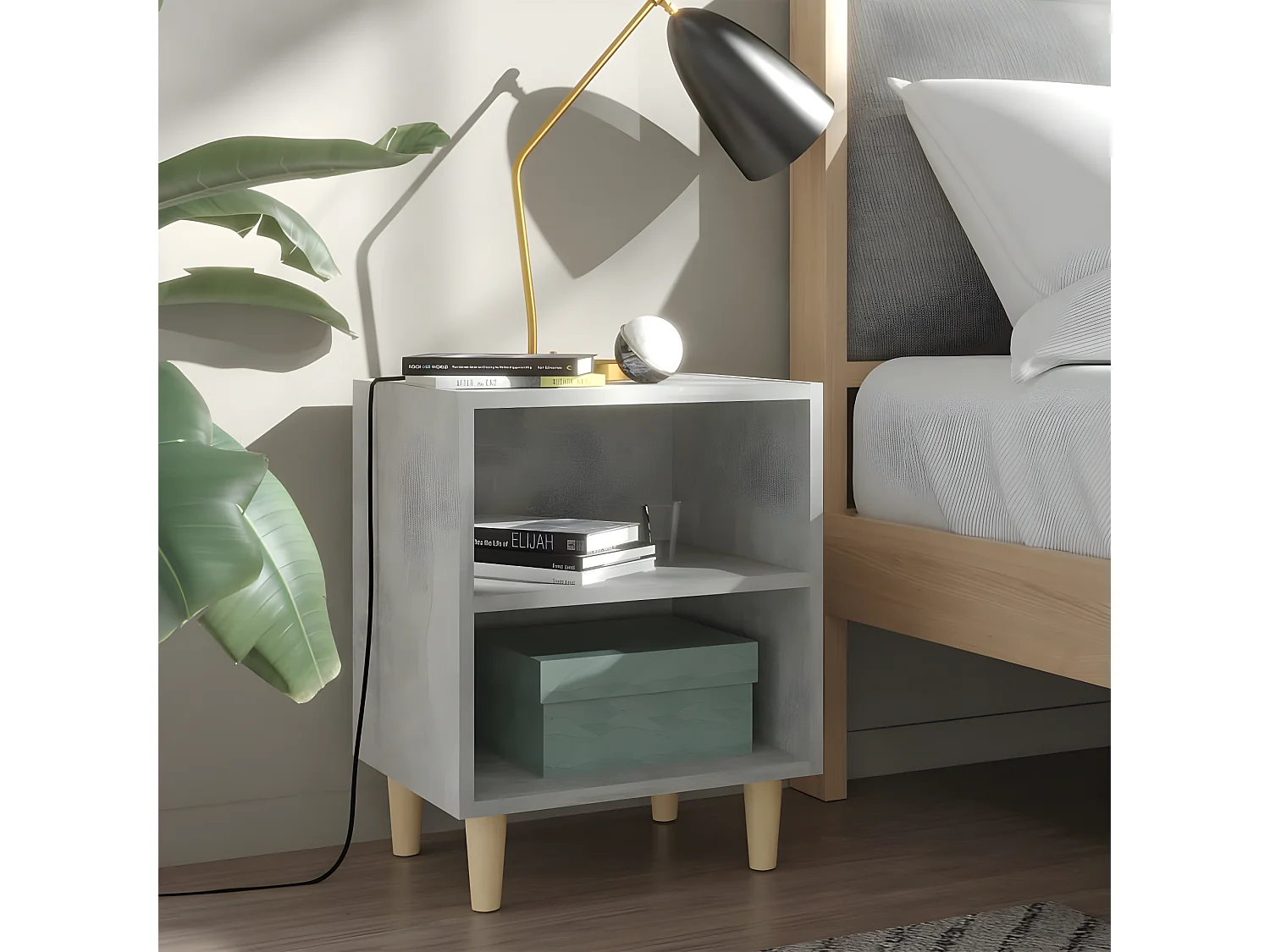 Table de chevet avec pieds en bois Gris béton 40x30x50 cm