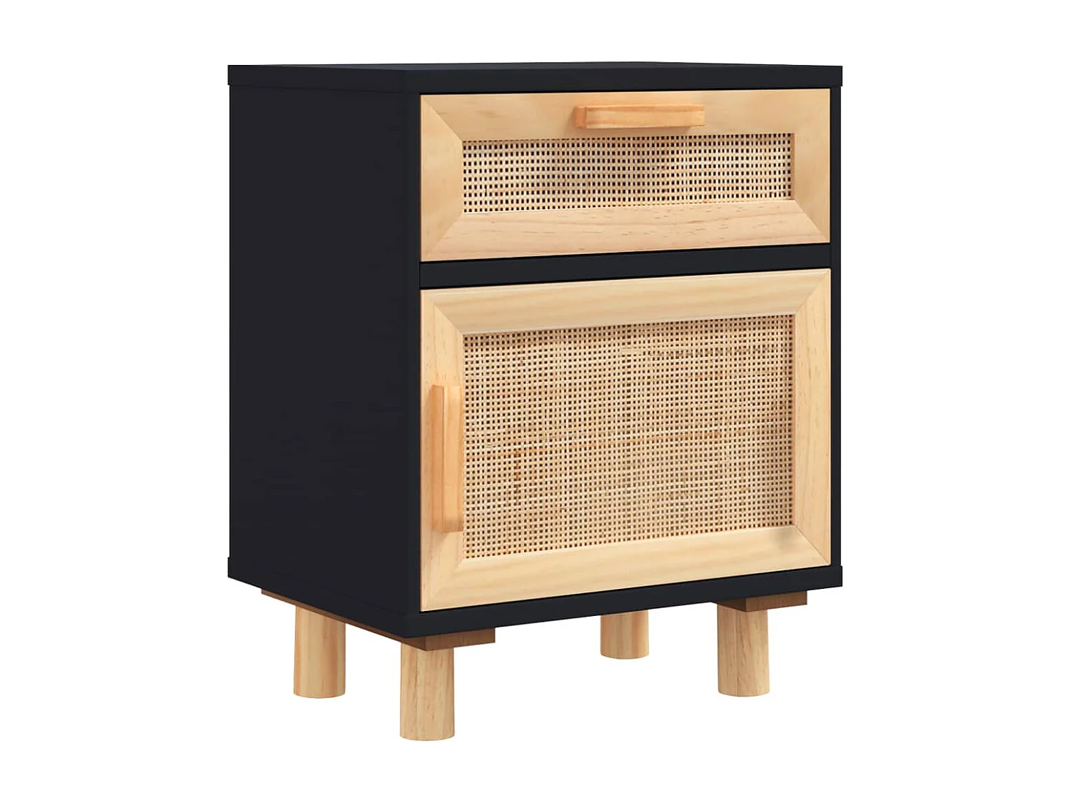 Table de chevet Noir Bois de pin massif et rotin naturel