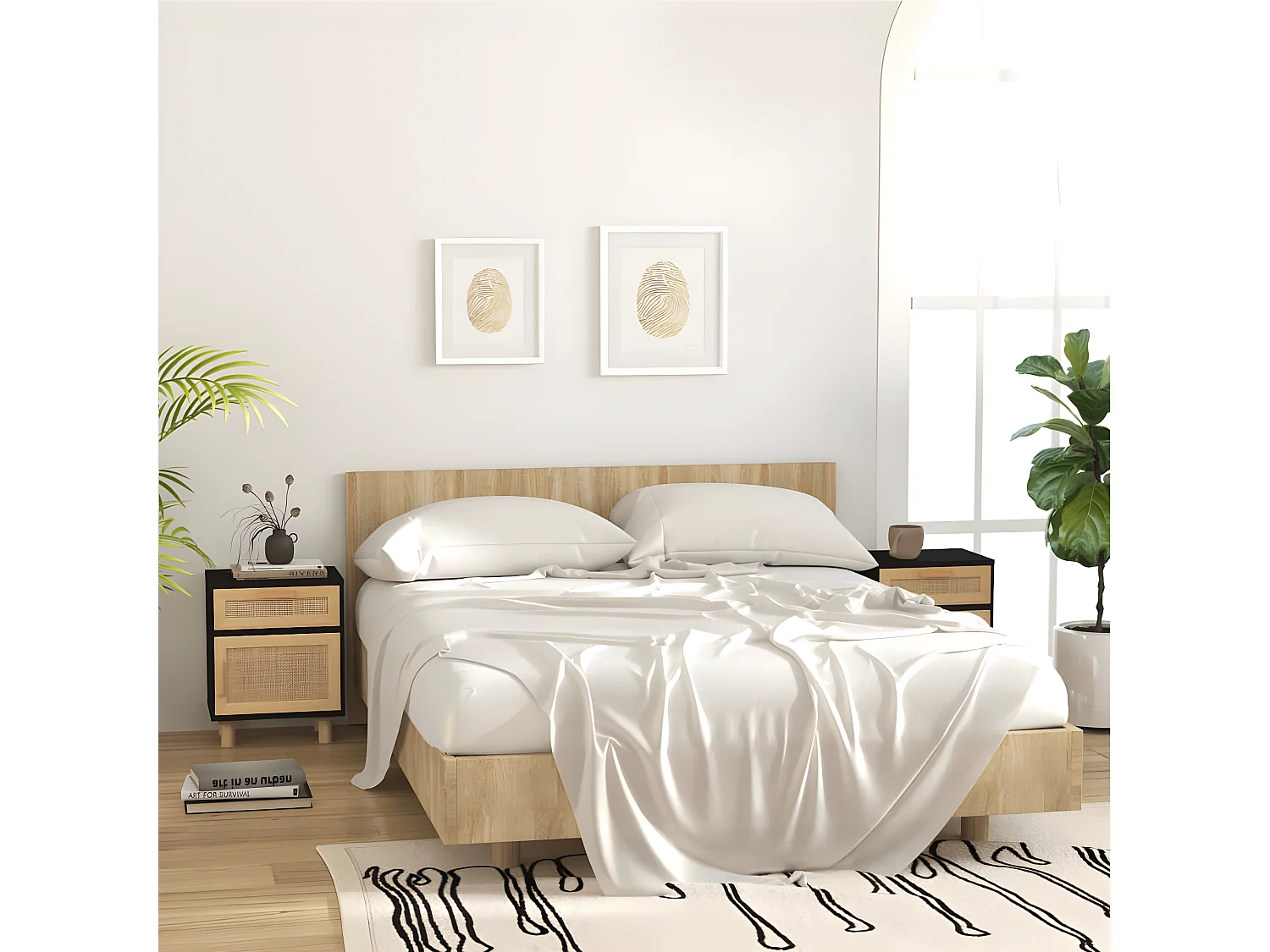 Nachtkastje massief grenenhout en natuurlijk rattan zwart