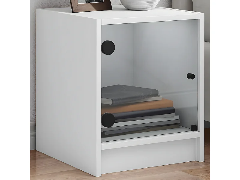 Table de chevet avec porte en verre blanc 35x37x42 cm