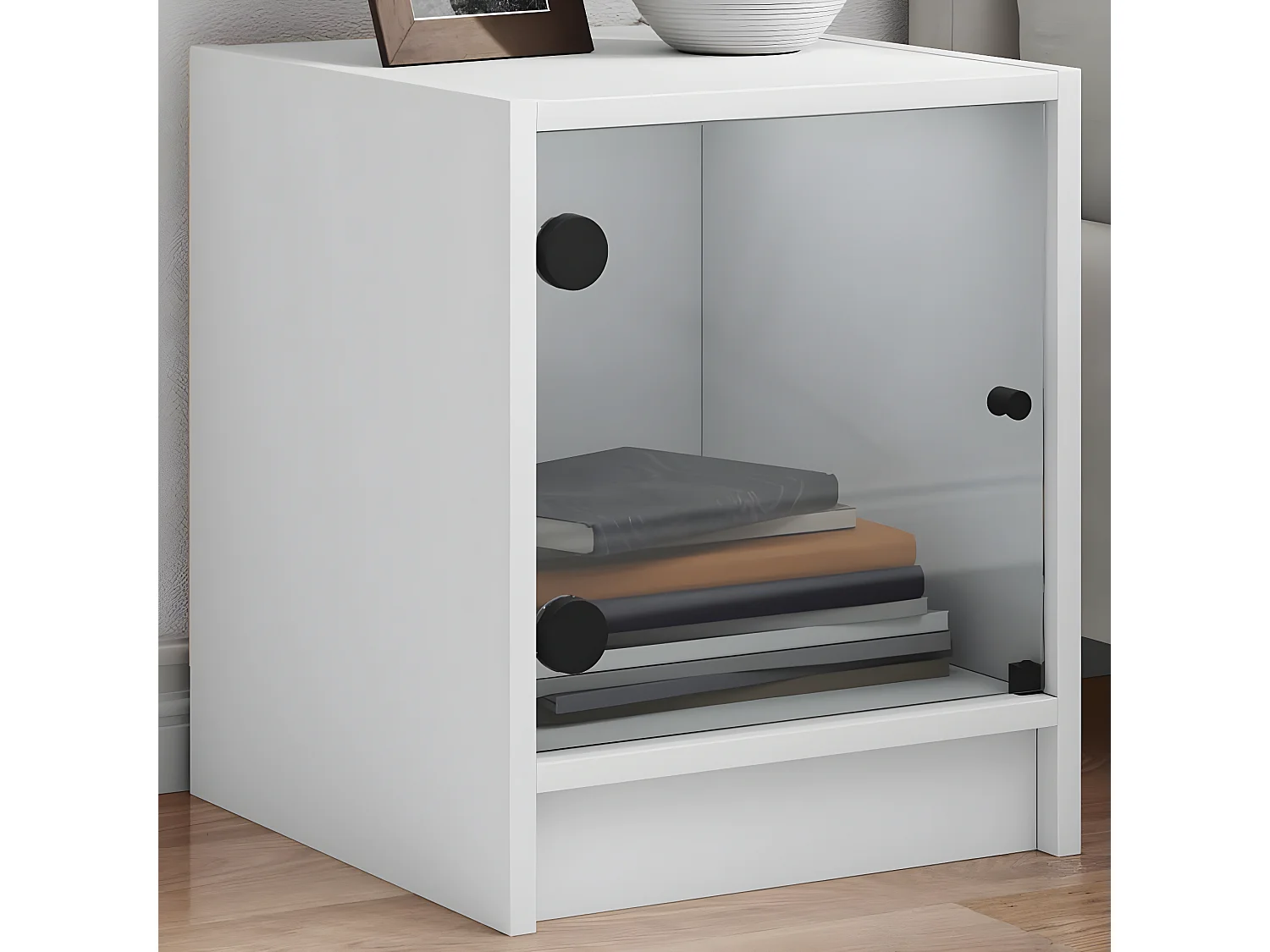 Table de chevet avec porte en verre blanc 35x37x42 cm