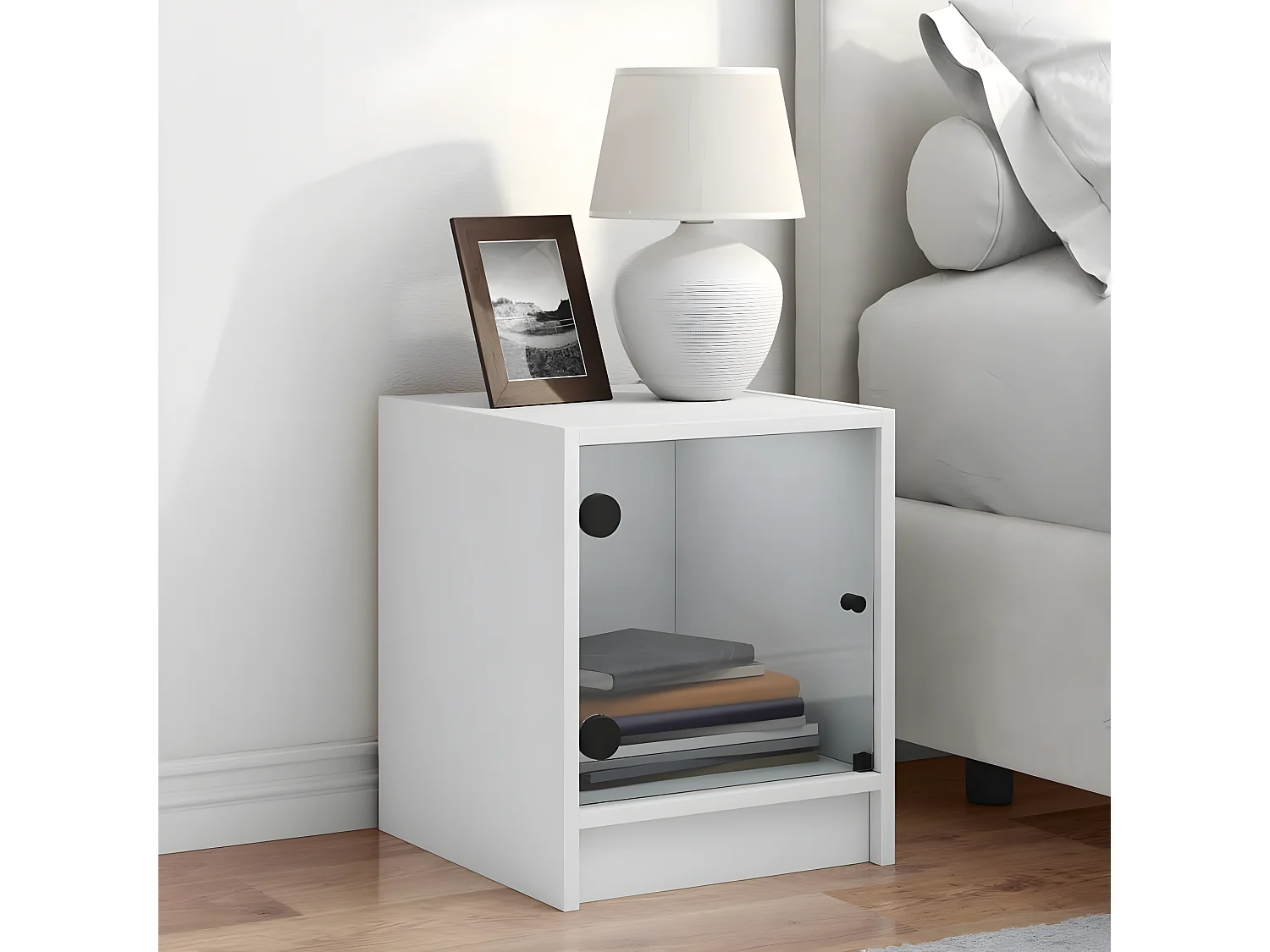 Table de chevet avec porte en verre blanc 35x37x42 cm