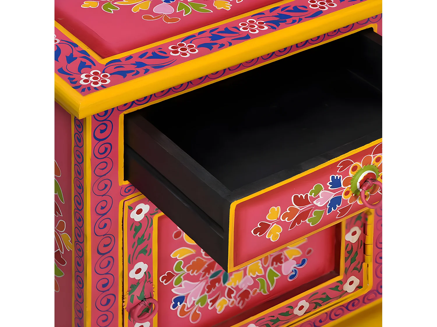 Mesita de noche de madera maciza de mango rosa pintada a mano