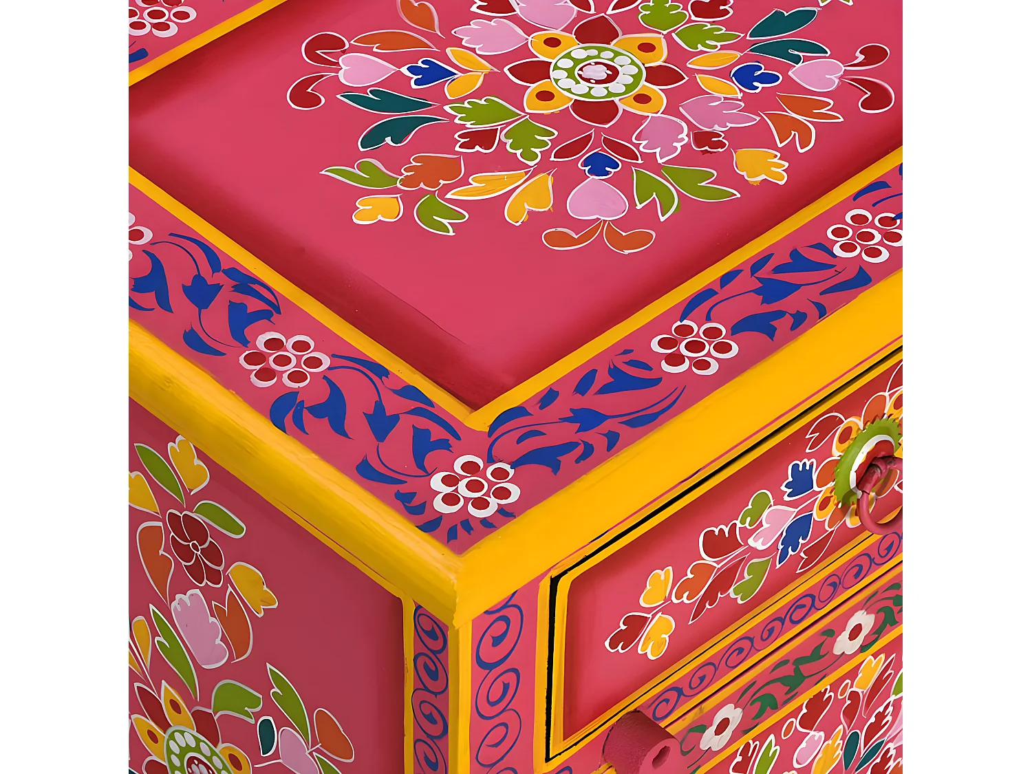 Mesita de noche de madera maciza de mango rosa pintada a mano