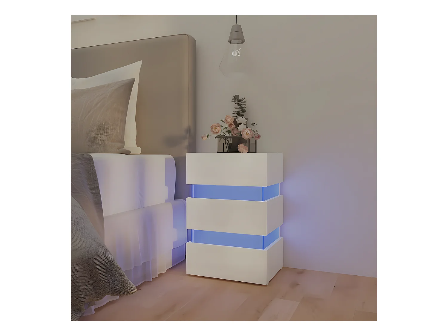 Mesita de noche LED madera ingeniería blanco brillo 45x35x67 cm