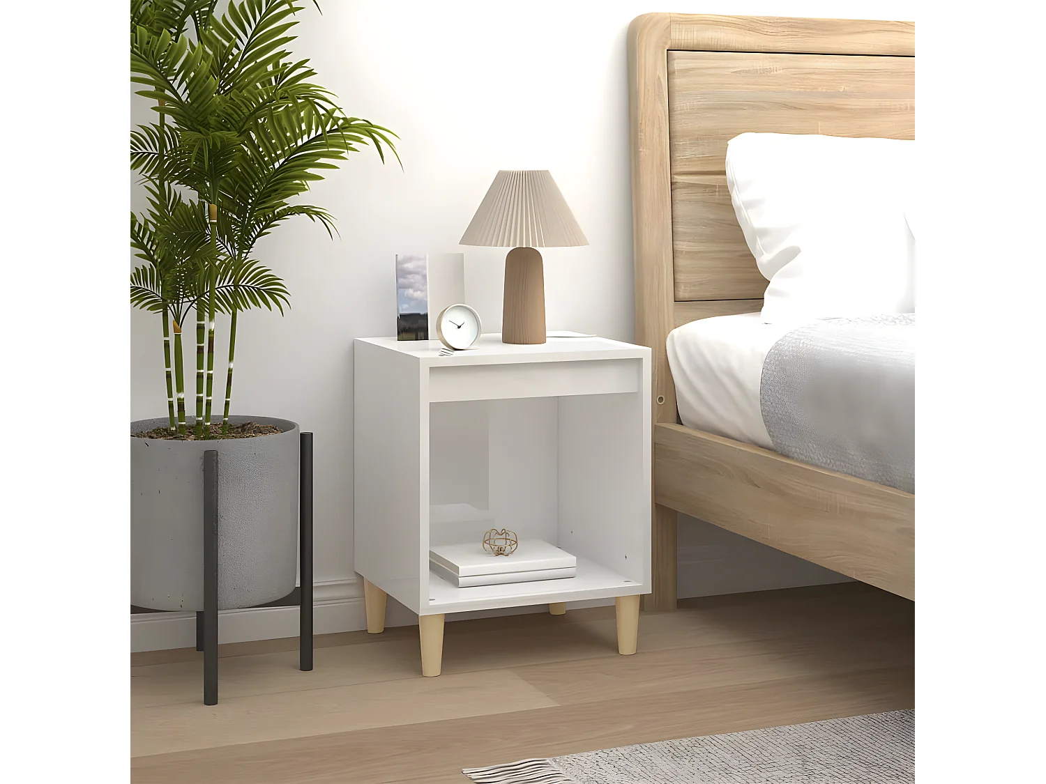 Mesita de noche madera contrachapada blanco brillo 40x35x50 cm