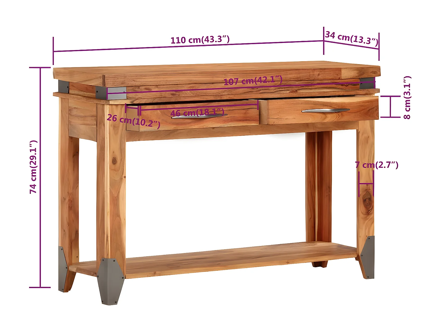 Table console 110x34x74 cm Bois d'acacia massif