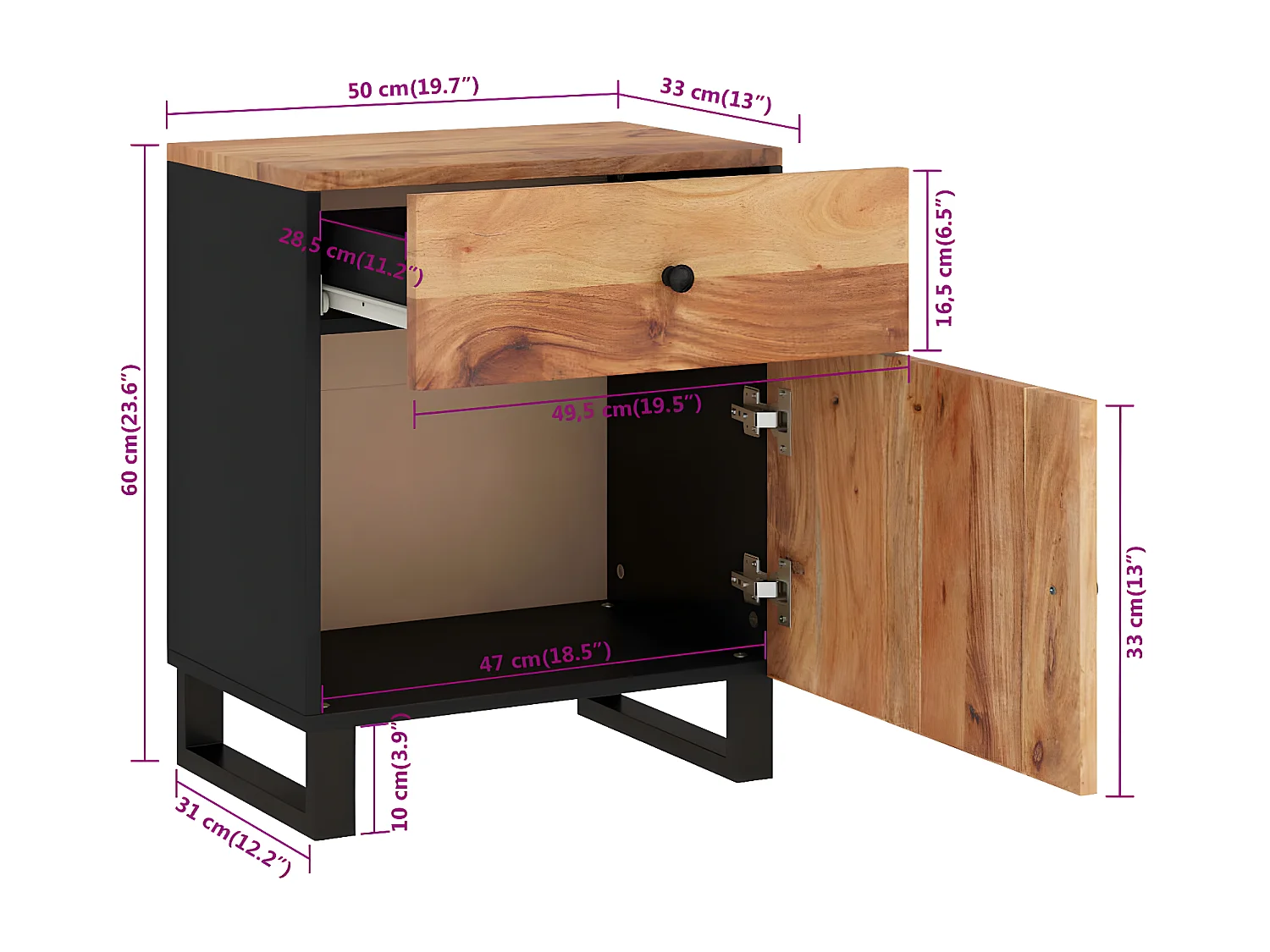 Table de chevet 50x33x60cm Bois d'acacia solide et d'ingénierie