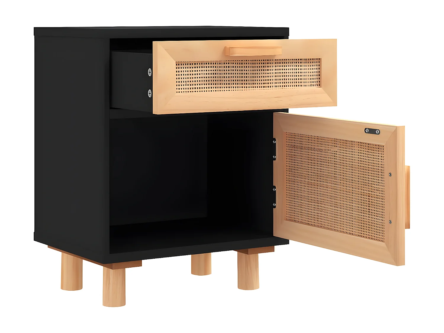 Tables de chevet 2 pièces Noir Bois de pin massif et rotin naturel