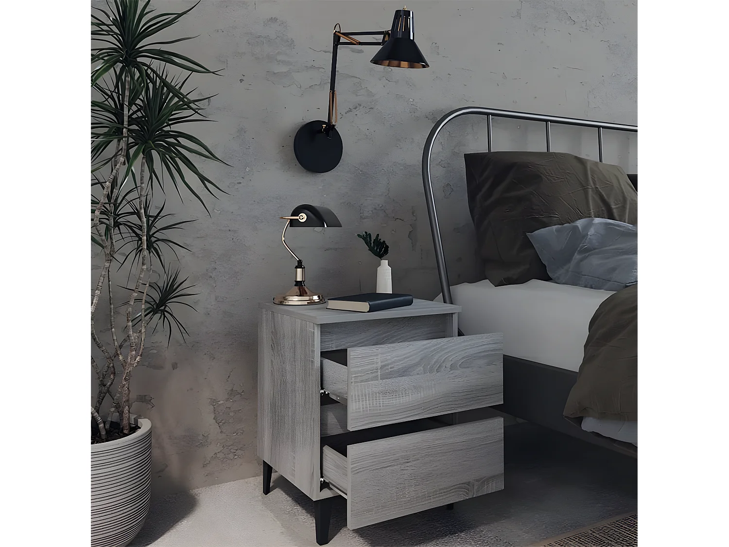 Nachtkastje met metalen poten 40x35x50 cm grijs sonoma eiken