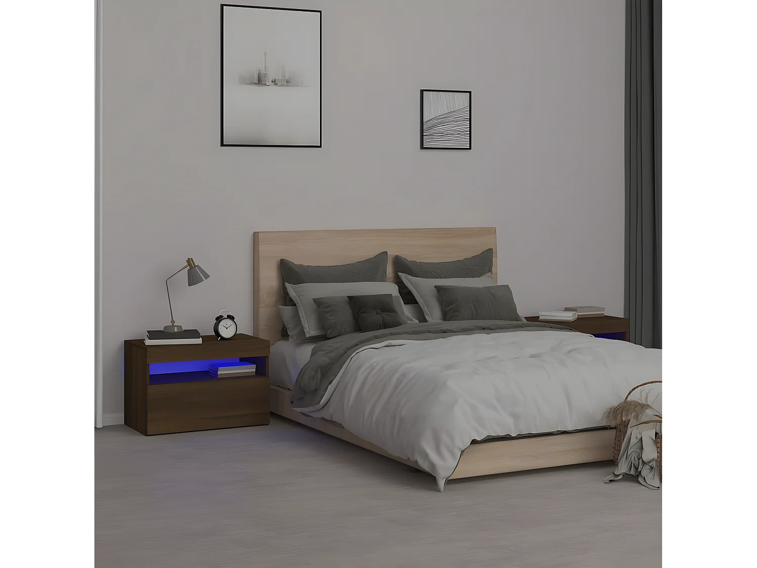 Mesas cabeceira c/ LEDs 2 peças 60x35x40 cm carvalho castanho