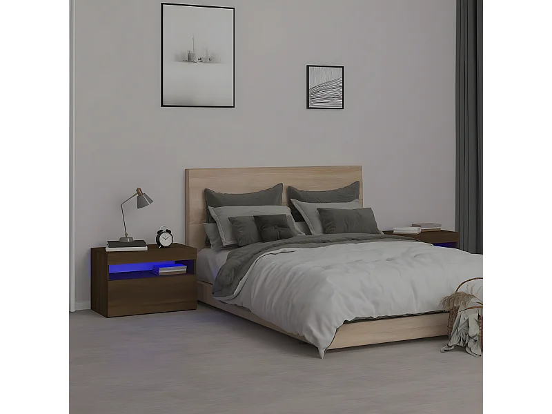 Mesas cabeceira c/ LEDs 2 peças 60x35x40 cm carvalho castanho