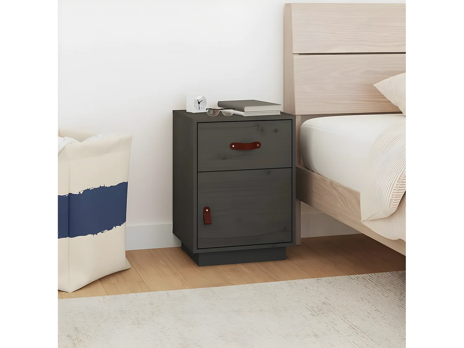 Mesita de noche madera maciza de pino gris 40x34x55 cm