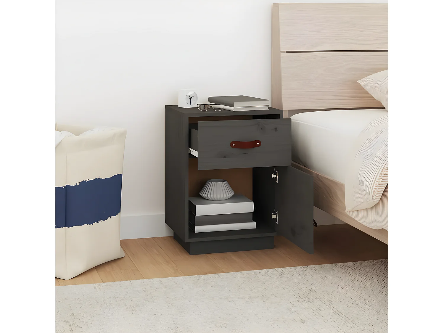 Mesita de noche madera maciza de pino gris 40x34x55 cm