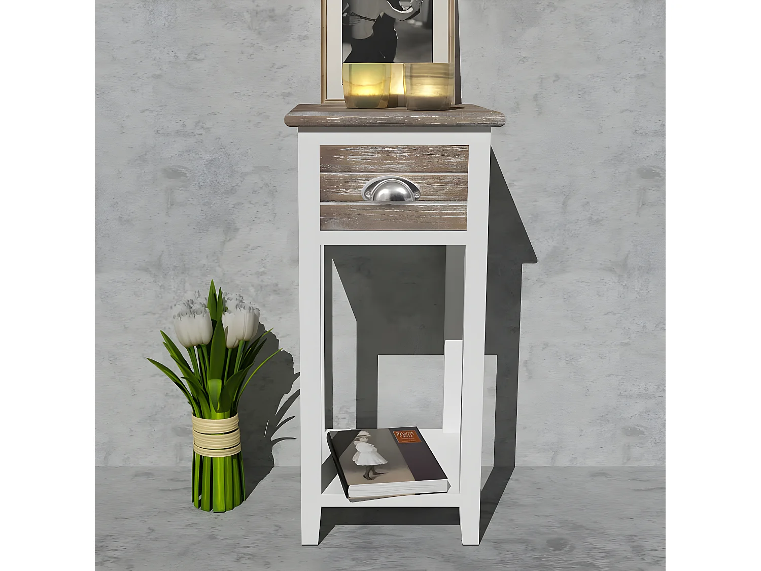 Table de chevet avec 1 tiroir Marron et blanc