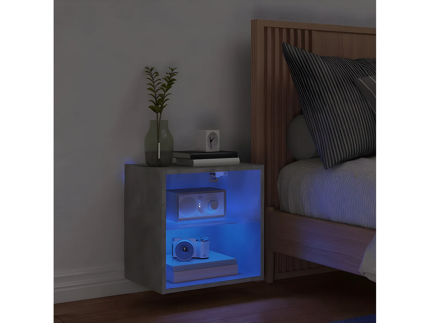 Table de chevet murale avec lumières LED gris béton