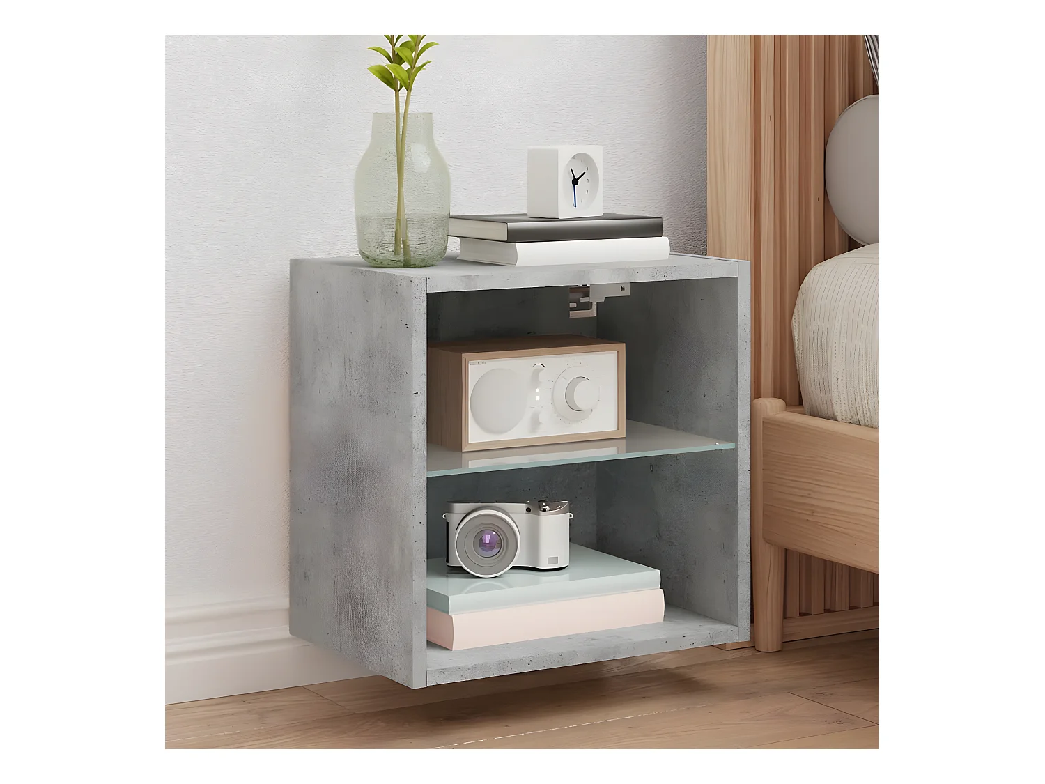 Mesa de cabeceira de parede com luzes LED cinzento cimento