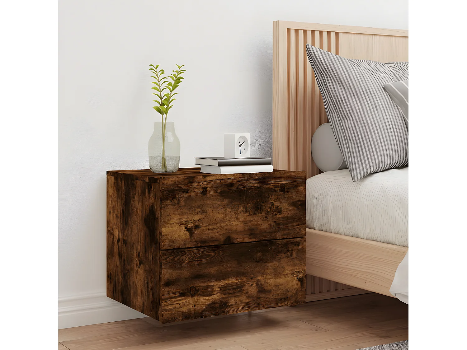 Table de chevet murale avec lumières LED chêne fumé