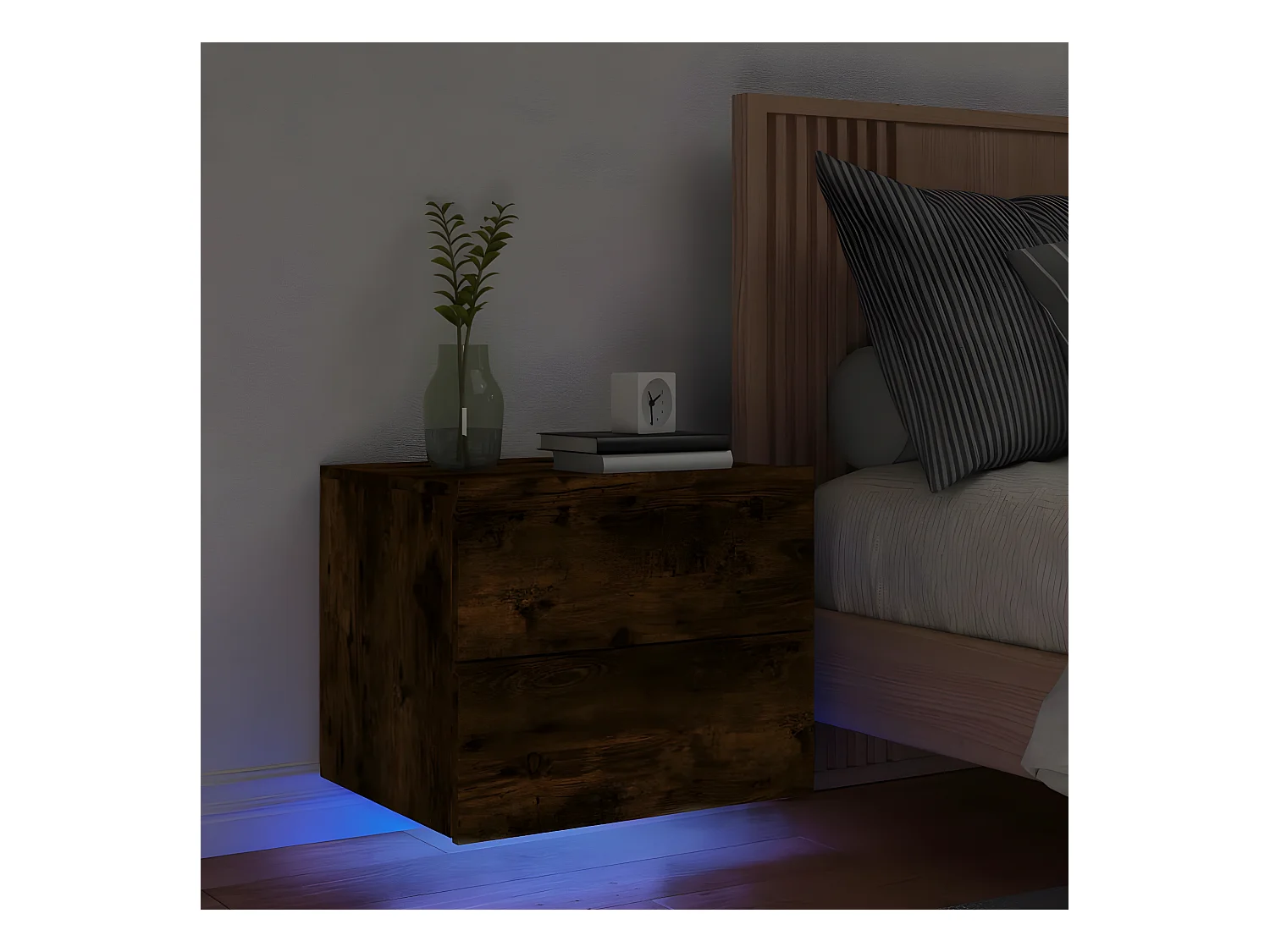 Mesa de cabeceira de parede com luzes LED carvalho fumado
